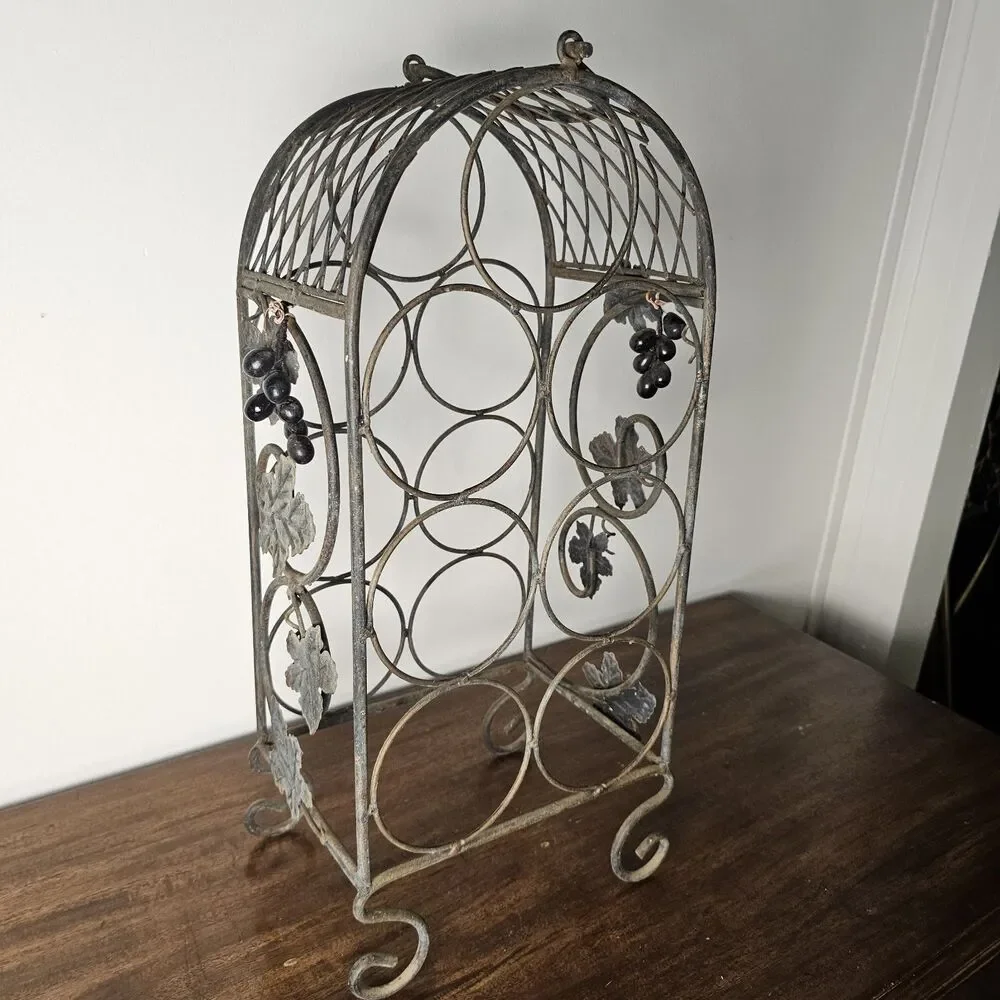 Vintage Rustic Freestanding Metal Wine Rack with Grape & Vine Design 7 Bottles